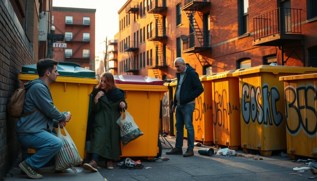 A Midwest urban alleyway scene during the golden hour of sunset, showcasing a diverse group of individuals in modest casual clothing, thoughtfully examining a row of colorful dumpsters. In the foreground, a young adult crouches next to a bright yellow dumpster, holding a reusable bag filled with discarded items, while a middle-aged person stands nearby, pointing to an interesting find. The middle ground features more dumpsters adorned with graffiti, surrounded by scattered objects hinting at urban life. In the background, red brick buildings with fire escapes catch the warm light, creating a sense of community. The atmosphere is both curious and respectful, with soft, natural lighting emphasizing the warm hues of the scene. The angle is slightly elevated, providing a clear view of the alley's details without any text or distractions.