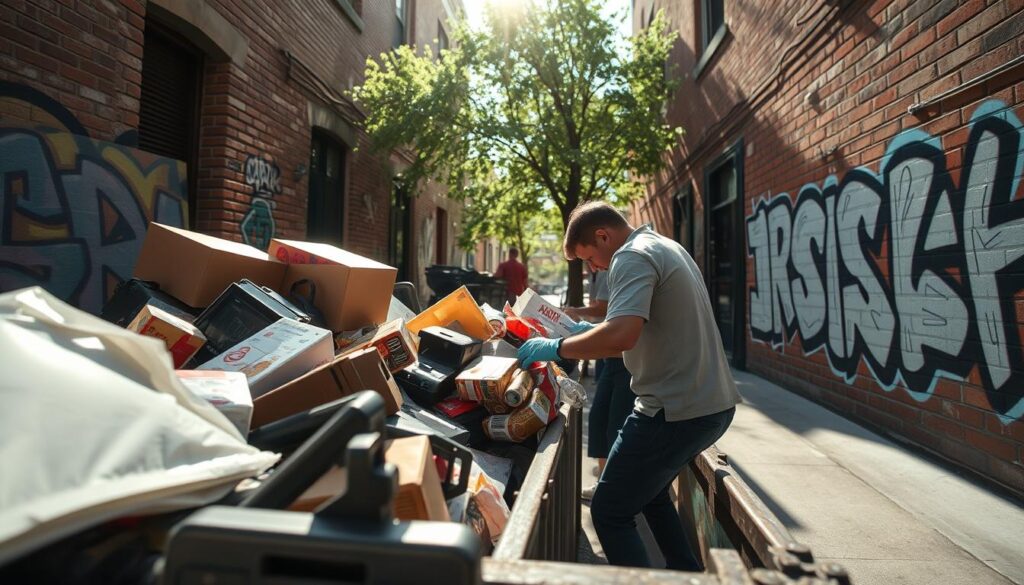A detailed depiction of a dumpster diving scene in an urban alleyway, showcasing practical guidelines for legal dumpster diving. In the foreground, a person wearing modest casual clothing is seen wearing gloves, carefully rummaging through a well-organized dumpster filled with various discarded items such as furniture, electronics, and food packaging, emphasizing careful selection. The middle ground features bright sunlight illuminating the scene, casting interesting shadows and creating a warm, inviting atmosphere. In the background, brick walls adorned with graffiti add an urban vibe, while nearby trees hint at nature’s presence. The composition showcases a wide-angle lens perspective, capturing the complexity of the environment while ensuring the focus remains on safe and responsible diving practices. The mood is adventurous yet respectful, promoting a positive engagement with the concept of resource recovery.