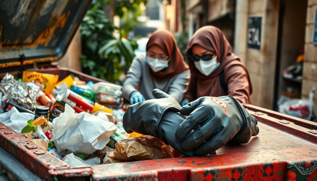 A dumpster diving scene focused on health precautions, featuring a diverse group of three individuals wearing modest casual clothing, equipped with gloves, masks, and safety goggles, rummaging through a colorful dumpster filled with various food items and recyclable materials. In the foreground, a pair of sturdy gloves rests on the edge of the dumpster, emphasizing safety. The middle ground showcases the individuals carefully inspecting the contents, looking both cautious and engaged. The background reveals a lively urban alleyway with greenery peeking through trash, conveying a sense of community exploration. The lighting is warm and inviting, mimicking golden hour sunlight, creating a hopeful and safe atmosphere. The camera is positioned at eye level, with a slightly angled view to encapsulate the action while respecting privacy.