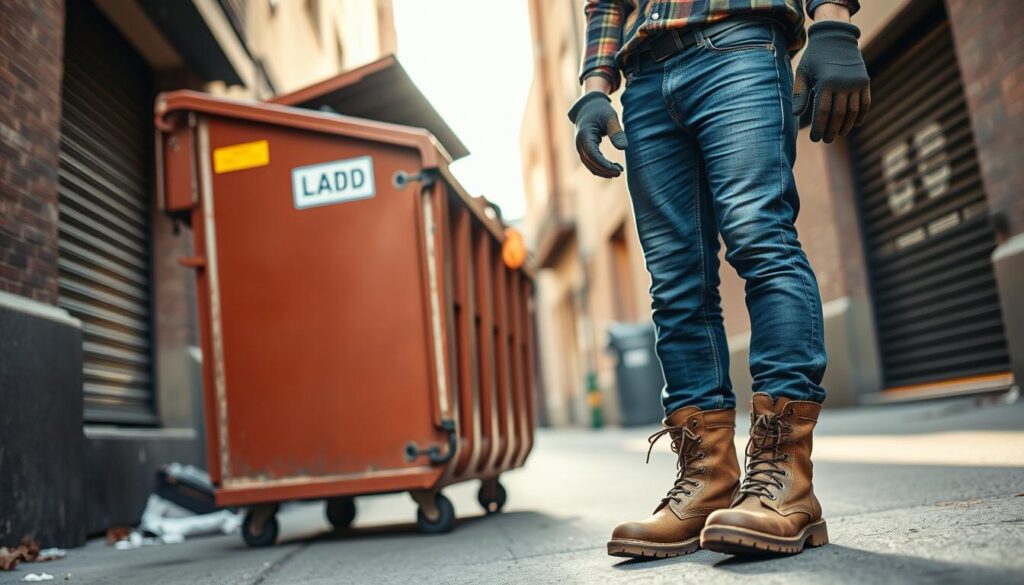 A person fully geared up for dumpster diving stands confidently beside a dumpster in an urban alleyway. In the foreground, the individual wears durable gloves, a sturdy pair of work boots, and casual yet practical clothing, such as jeans and a long-sleeve shirt, emphasizing safety and protection. The middle ground features the dumpster, slightly ajar, revealing various items, including boxes and bags, hinting at potential finds. The background shows a slightly cluttered alley, with soft shadows cast by buildings and a gentle afternoon light filtering in, creating a warm and inviting atmosphere. The angle is slightly low, capturing both the diver and the dumpster, highlighting the essence of safe exploration. The scene conveys a sense of adventure while underscoring the importance of safety gear.