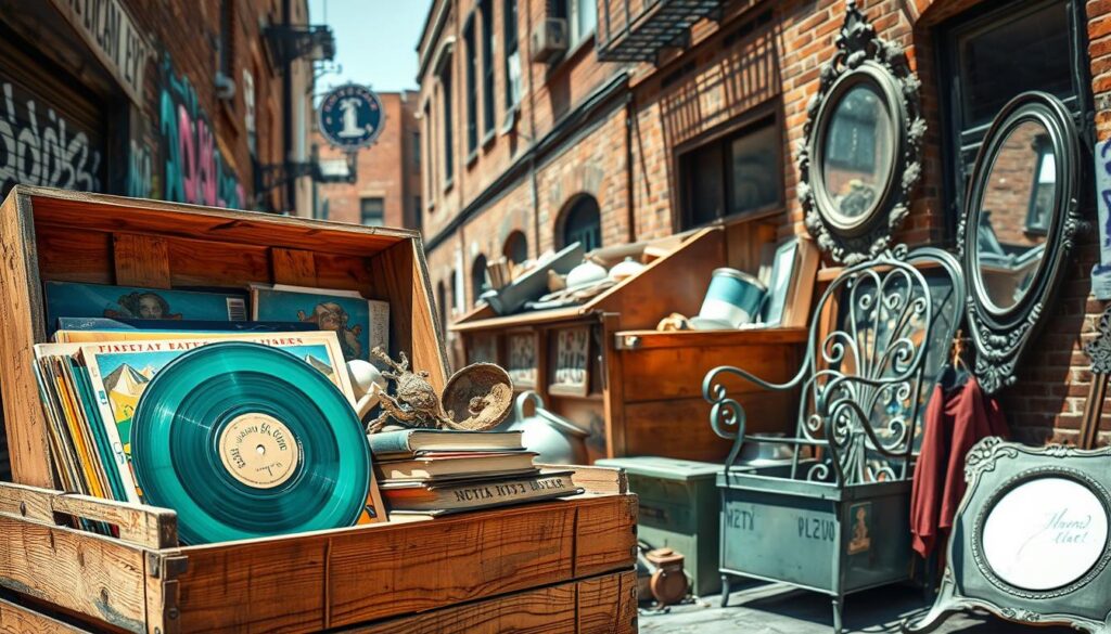 A vibrant scene of a bustling urban alleyway, showcasing a variety of discarded treasures. In the foreground, a wooden crate filled with colorful vintage items—a classic vinyl record, a stack of old books, and an antique trinket—is partially open. To the right, a few discarded furniture pieces are visible, such as a charming wrought-iron chair and an ornate mirror. In the middle ground, a large dumpster, partially open, reveals a glimpse of shiny kitchenware and an eclectic mix of objects. The background features weathered brick walls adorned with graffiti, creating an urban atmosphere. Bright, natural daylight illuminates the scene, casting playful shadows and enhancing the colors. The overall mood is adventurous and optimistic, inviting curiosity about the hidden gems found in everyday waste.