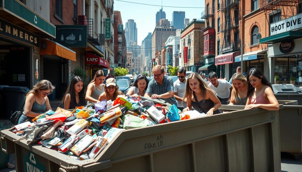 A vibrant urban scene showcasing the best dumpster diving locations. In the foreground, a diverse group of individuals dressed in modest casual clothing, rummaging through a large dumpster overflowing with colorful packaging and discarded items, all exhibiting excitement and curiosity. In the middle ground, a variety of shops and restaurants with visible trash bins and recycling containers, hints of greenery peeking through alleyways. The background features an eclectic cityscape under bright afternoon sunlight, casting engaging shadows. The mood is adventurous and resourceful, inviting exploration. Use a wide-angle lens to capture the full breadth of the scene, with bright, natural lighting to enhance the lively atmosphere.
