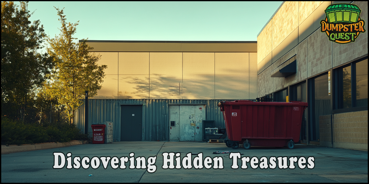 Exterior of a building with a dumpster and a trash bin on the right. Text overlay reads "Discovering Hidden Treasures" with a "Dumpster Quest" logo in the top right corner.